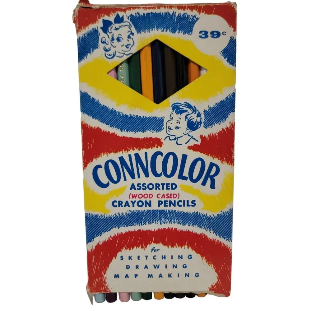 Conncolor Vintage New Unsharpened 12 Assorted Wood Crayon Pencils Made USA
